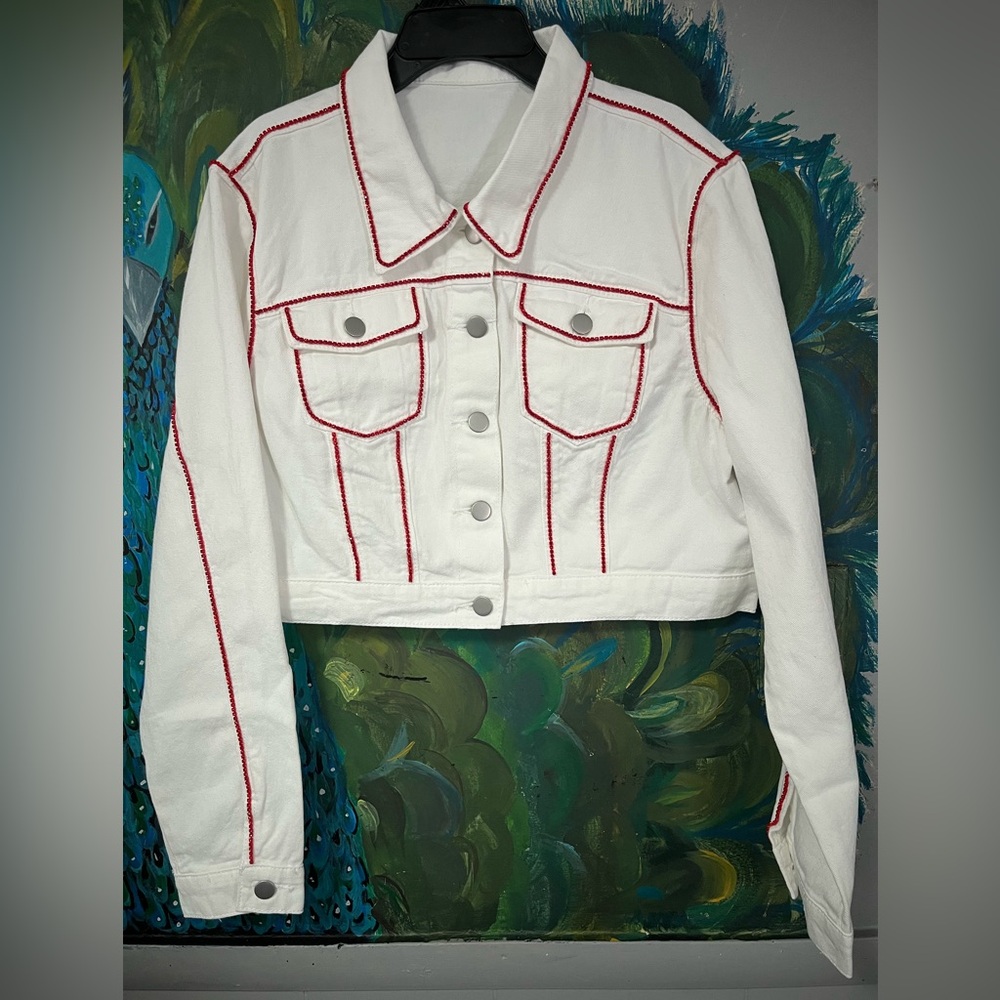 White Cropped Jacket with Red Stitching pattern